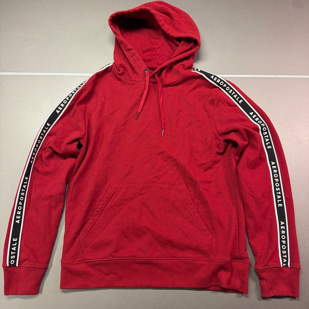Aeropostale Red Pullover Hoodie Logo Tape Sleeves Men's Medium Casual Sweatshirt